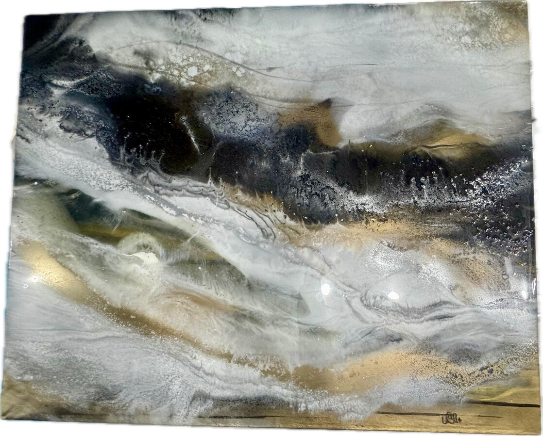 “Darkest Before Dawn II “ 30”*40” framed canvas. Created using acrylic paint, mica pigments in layers of epoxy resin.