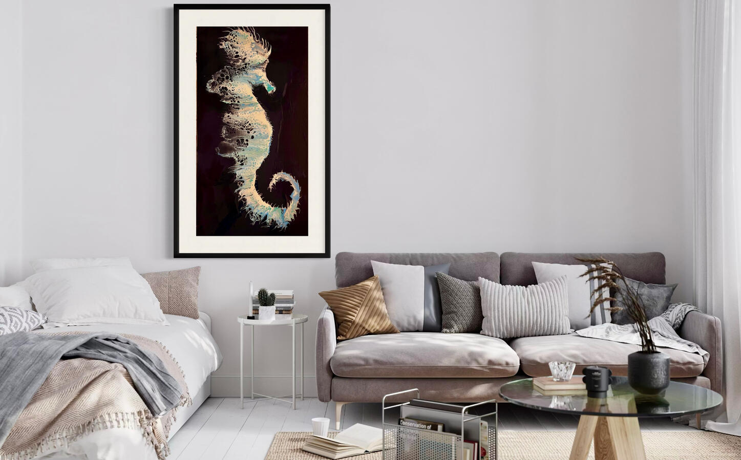 SOLD-“Seahorse II” - The use of fluid acrylics results in a dynamic interplay of colours and patterns that bring the seahorse to life. The swirling designs embody the energy of aquatic life, creating a sense of movement that draws viewers in.