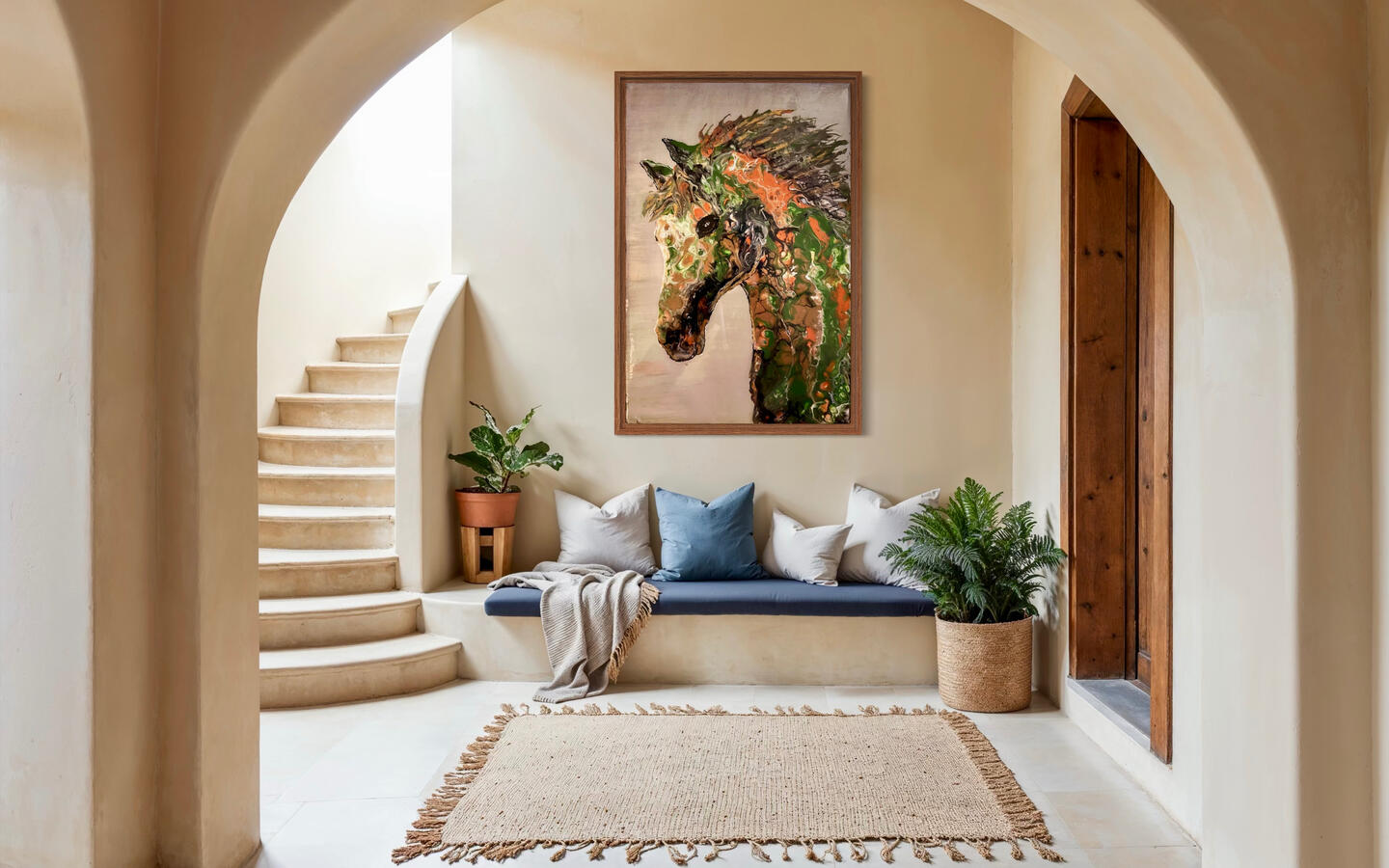 SOLD-“Earth Spirit” - This artwork features a harmonious mix of rich copper and deep green tones, providing a striking contrast that brings the horse to life. Coppers evoke a sense of warmth and vitality, while greens represent nature&#39;s tranquility.