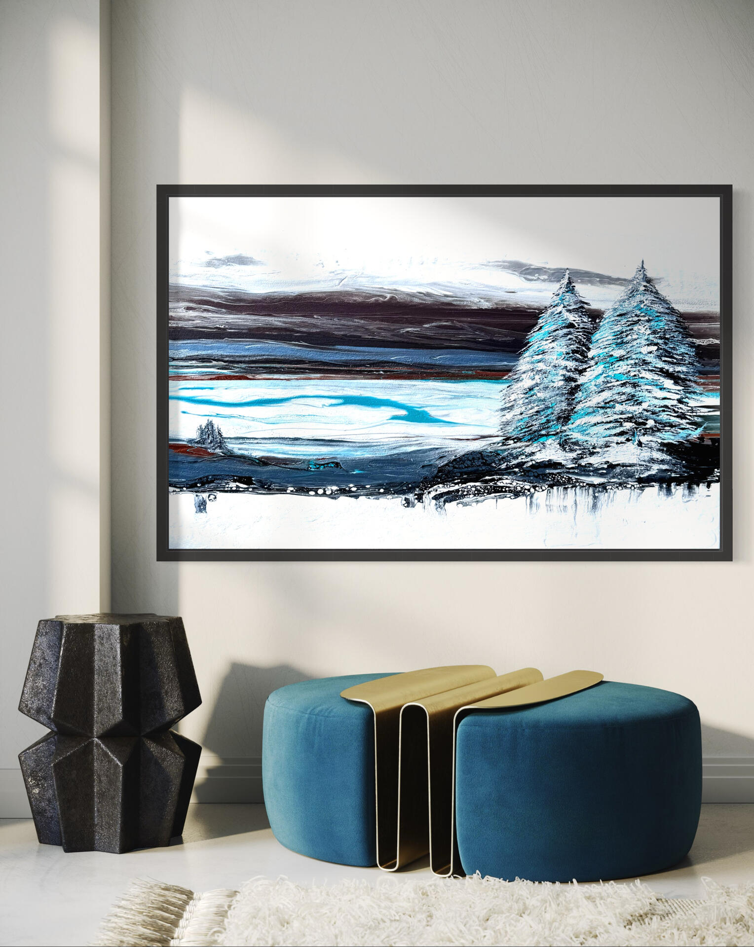 “Road to Beruna” - Acrylic pour painting featuring a winter landscape adorned with hand painted trees! This unique artwork captures the serene beauty of a snowy scene, enhanced by a mesmerizing palette of dark metallics, rich teal, and crisp white.