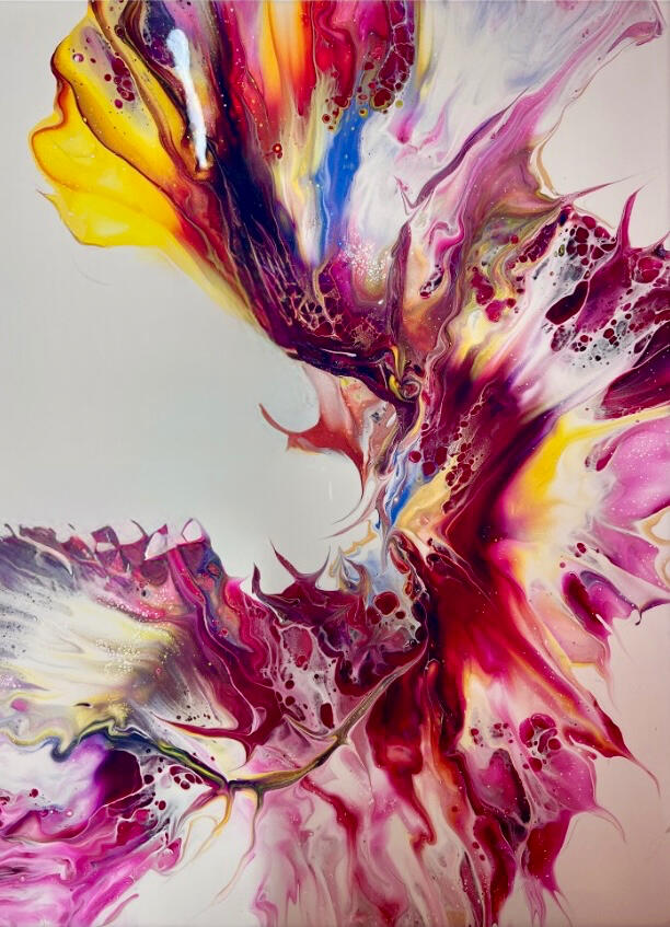 Spring Dance Infuse your space with vibrant energy and a burst of color through our breathtaking "Spring Dance" Fluid Art Painting. This remarkable piece captures the essence of springtime with a mesmerizing swirl of magenta, blue, yellow, and shimmering gold, creating